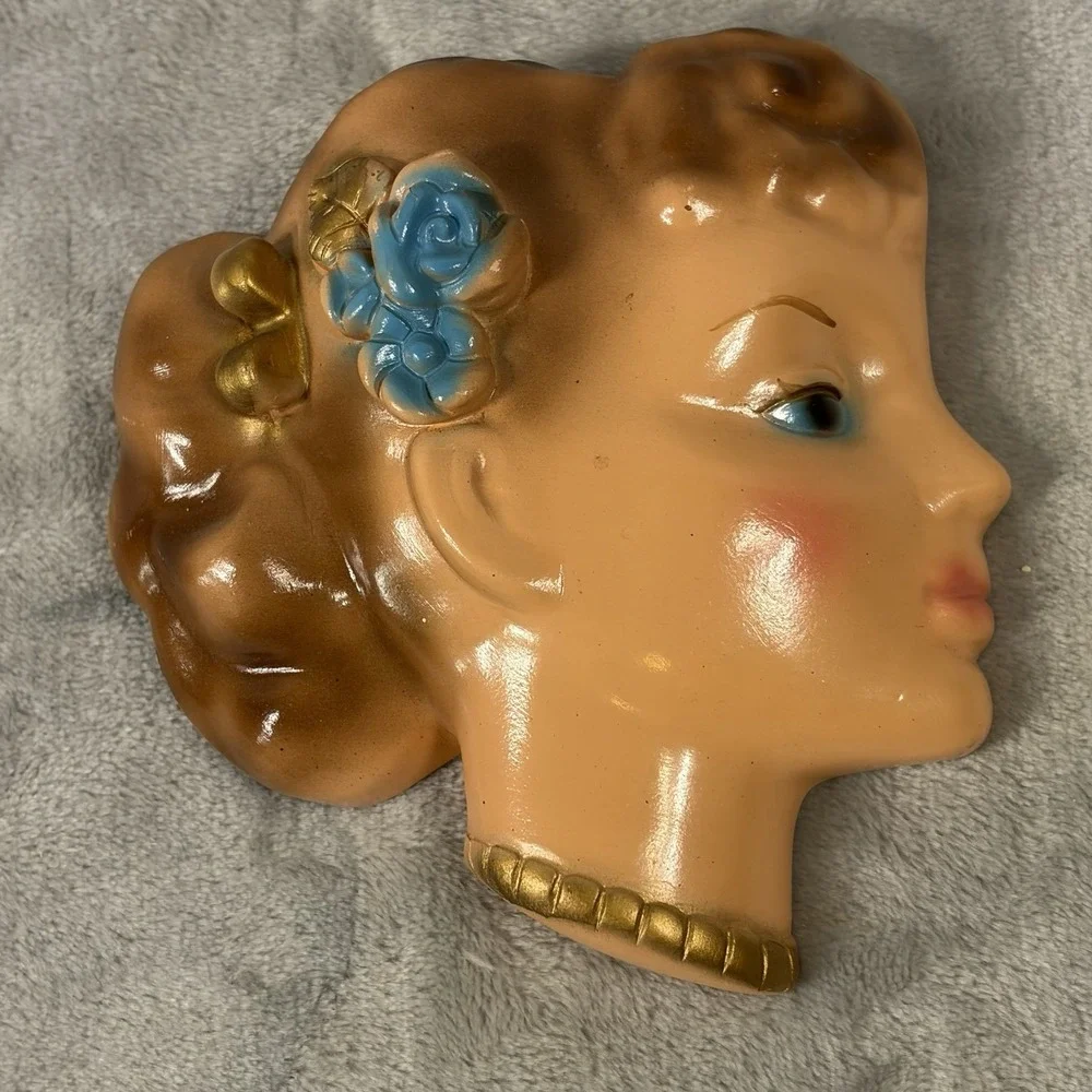 Vintage Wall Plaque Girl With Pony Tail‎ Head Vase. Bow On Her Neck Blue Eyes